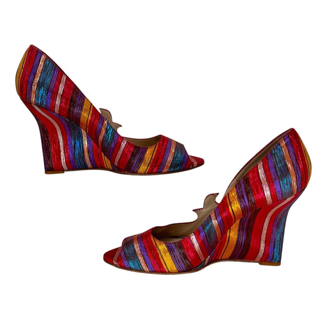 Beatrix Ong Satin Striped Wedge Heel Women's SZ 39 Rainbow Art Luxury Whimsy Fun - Picture 4 of 13